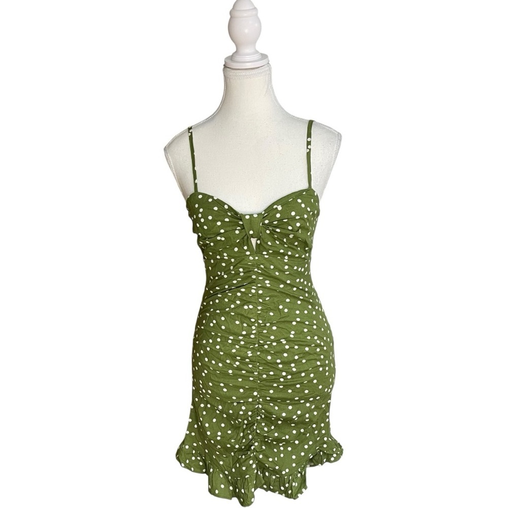 Zara Polka Dot Linen Blend Mini Dress Olive Green